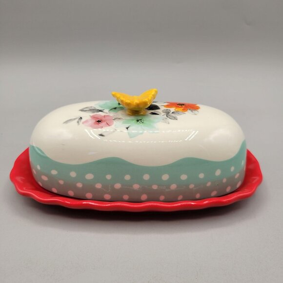 Pioneer Woman Butter Dish Floral Ceramic Butterfly Top Lid and Red Tray - Picture 4 of 10